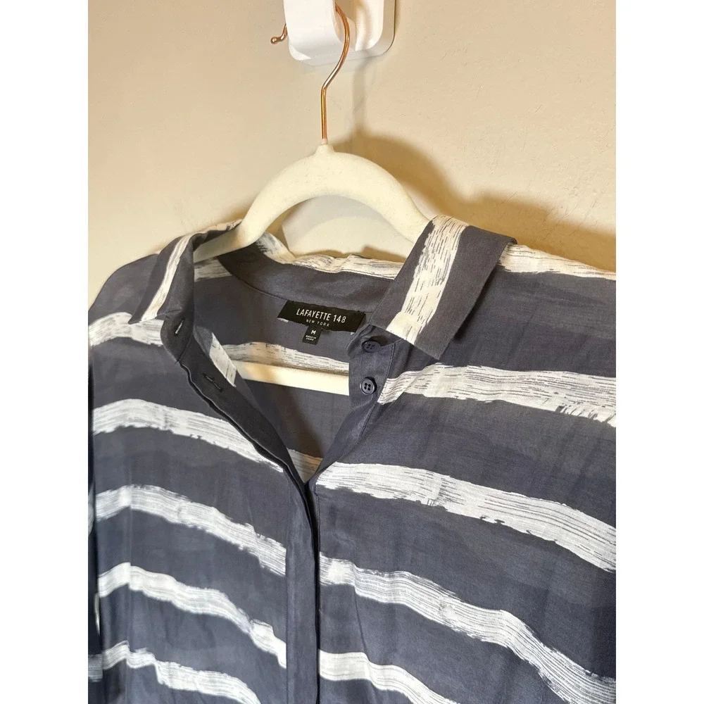 Lafayette 148 New York • Silk‎ Blend Striped Short Sleeve Button Up Shirt Top M - Picture 3 of 8